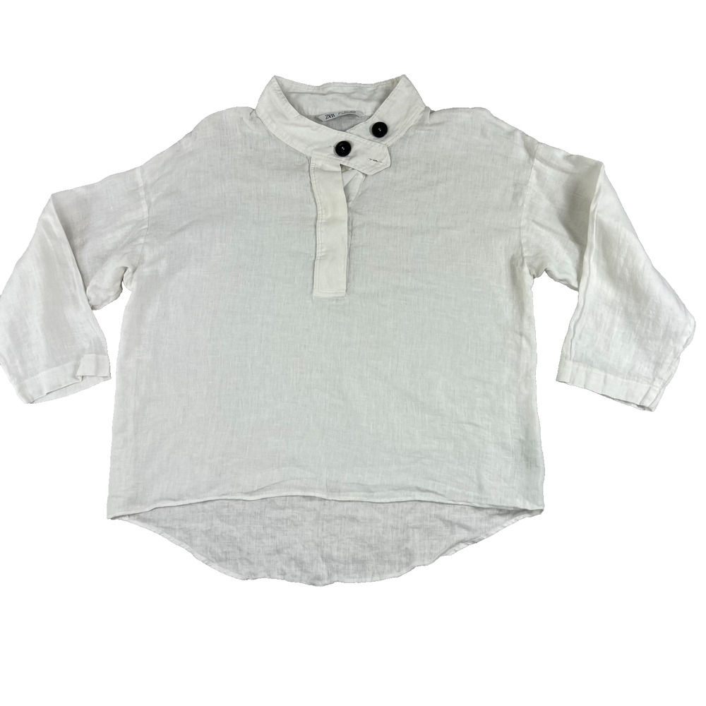Zara Top Women's Size L White Linen Oversize With Buttoned High Neck